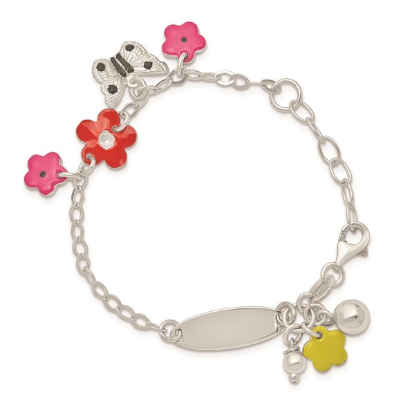 Sterling Silver Multi-color Enameled Floral Butterfly 6" Children's ID Bracelet - Picture 4 of 5